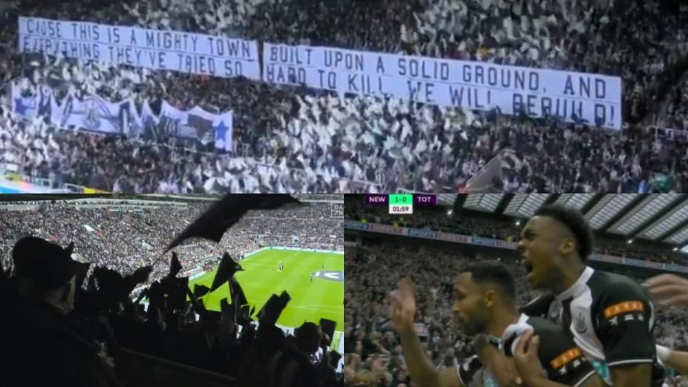 La banderole des supporters de Newcastle après le rachat du club. Captures/DAZN