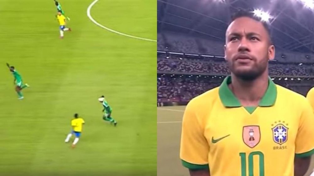 Capturas de Neymar e seu chapeuzinho em jogador adversário em jogo amistoso. Capturas/DAZN