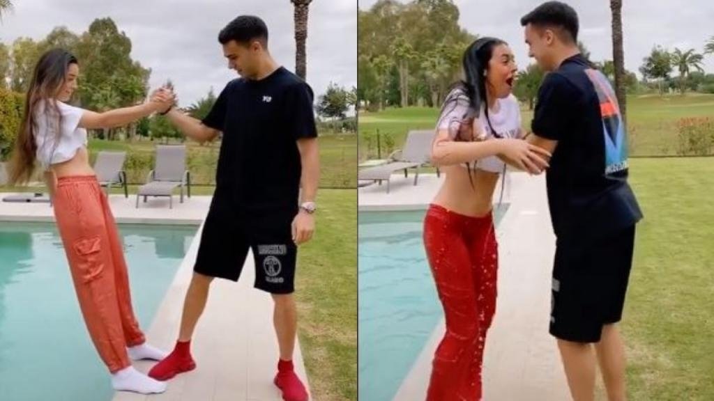Reguilón tiró a su novia a la piscina en un juego de confianza. Captura/TikTok/maarta_diaz