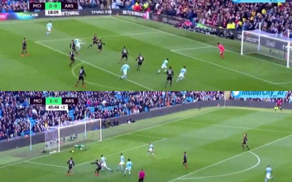 Capturas del Manchester City-Arsenal con la parada de Ederson y el gol de De Bruyne. InsiderCity