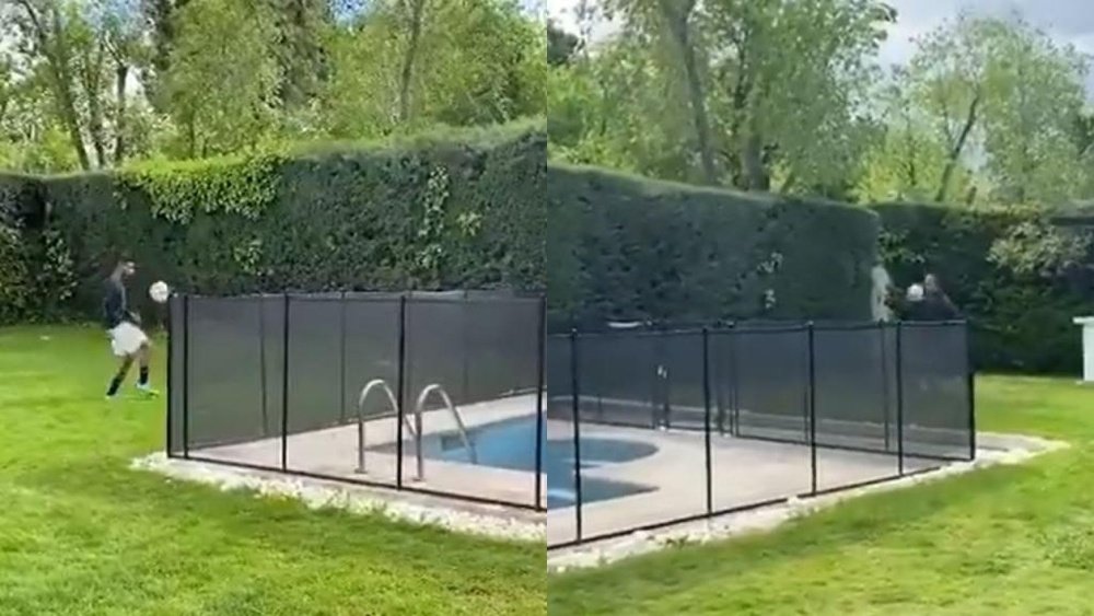 El 'que no caiga' de Rodrygo y su padre con una piscina por medio. Instagram/RodrygoGoes