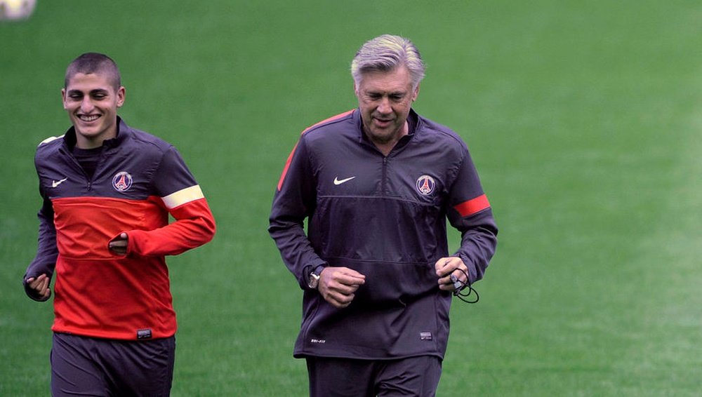 Carlo Ancelotti et Marco Verratti au PSG. AFP