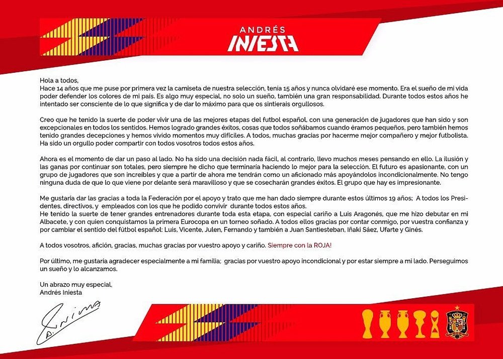 la lettre d'adieu d'Andres Iniesta. AFP