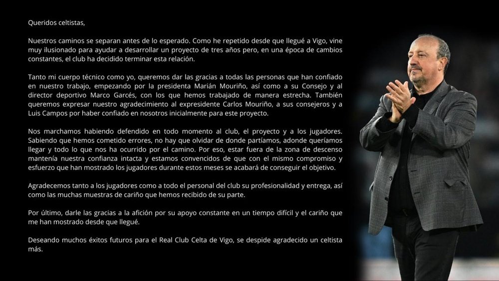 Benitez fait ses adieux au Celta Vigo. Capture/Twitter/rafabenitezweb
