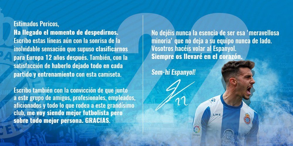 Mario Hermoso dijo adiós al Espanyol. Twitter/Mariohermoso5