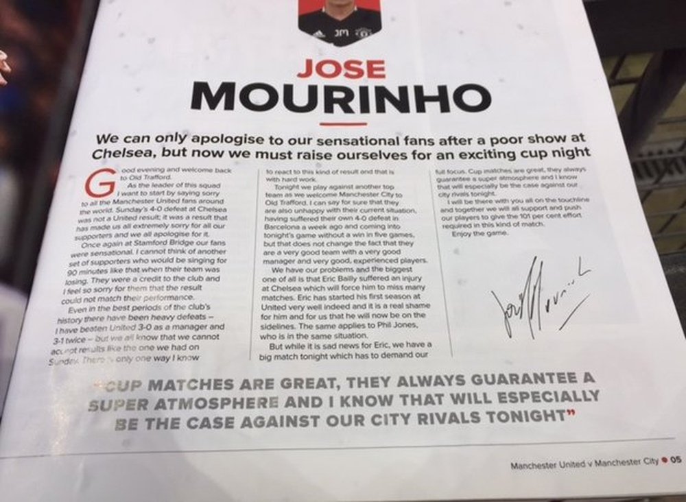 Carta de Mourinho dirigida a los aficionados del United. Twitter