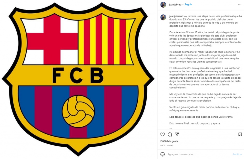 Juanjo Brau se despidió del Barcelona en Instagram. Captura/Instagram/juanjobrau