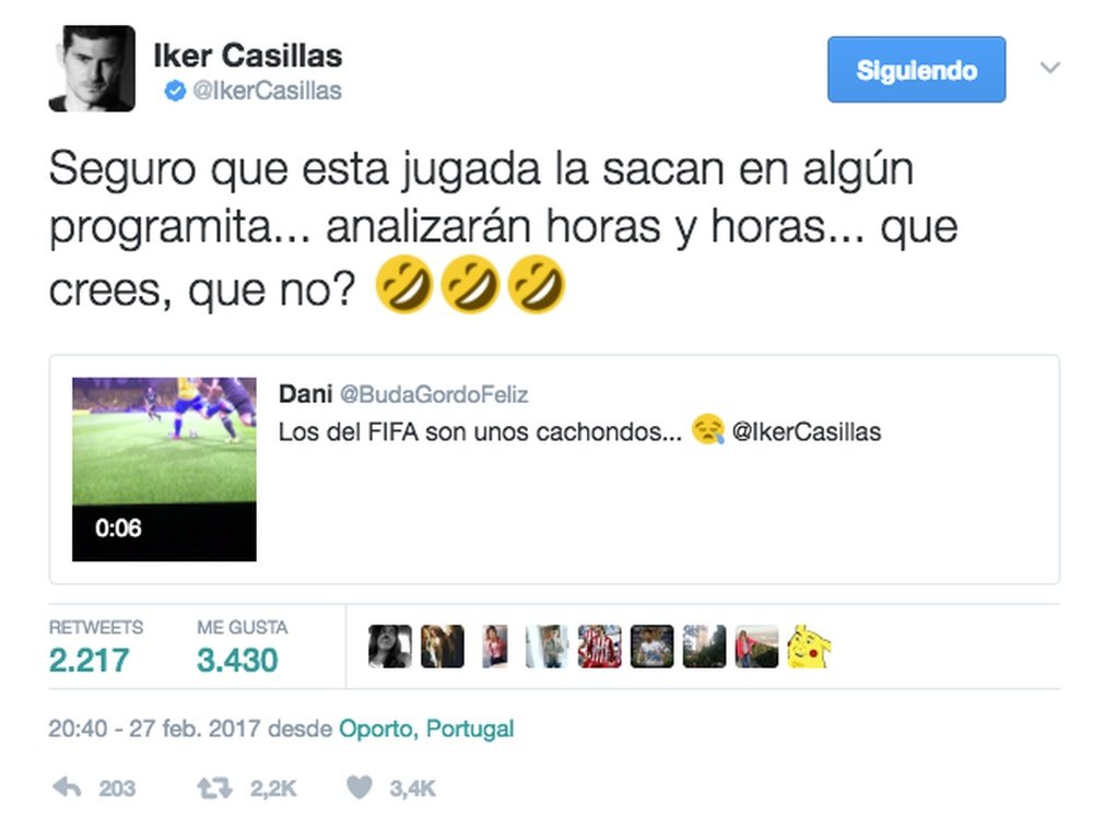 Casillas tiró de ironía hacia sus críticos tras el vídeo que compartió un usuario de Twitter. Casill