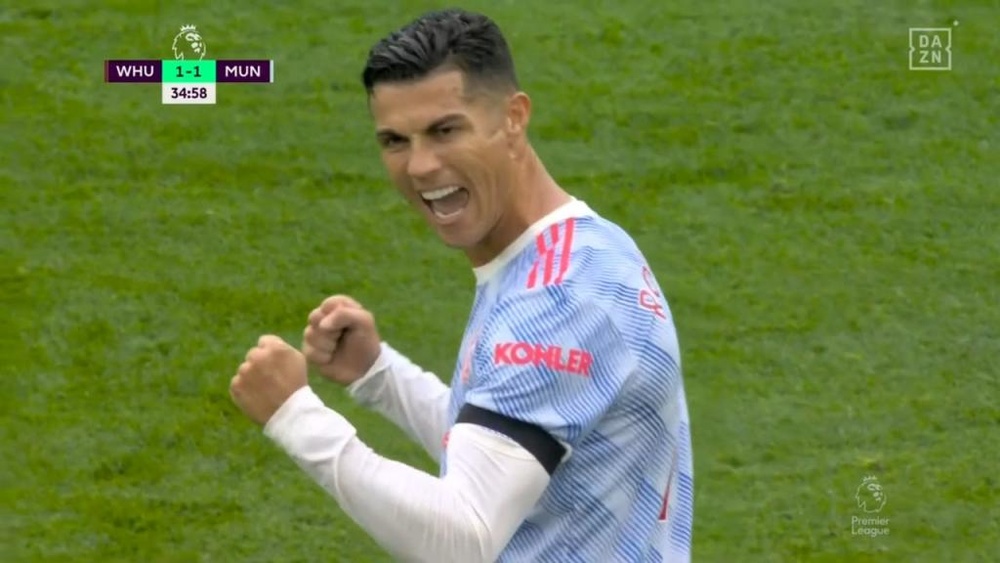 Cristiano igualó el choque entre West Ham y United. Captura/DAZN