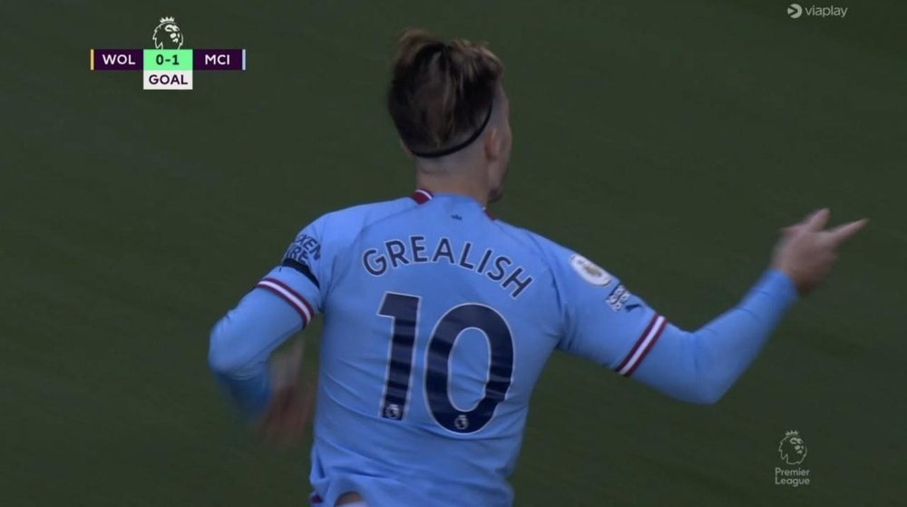 Jack Grealish adelantó al Manchester City ante los Wolves. Captura/DAZN