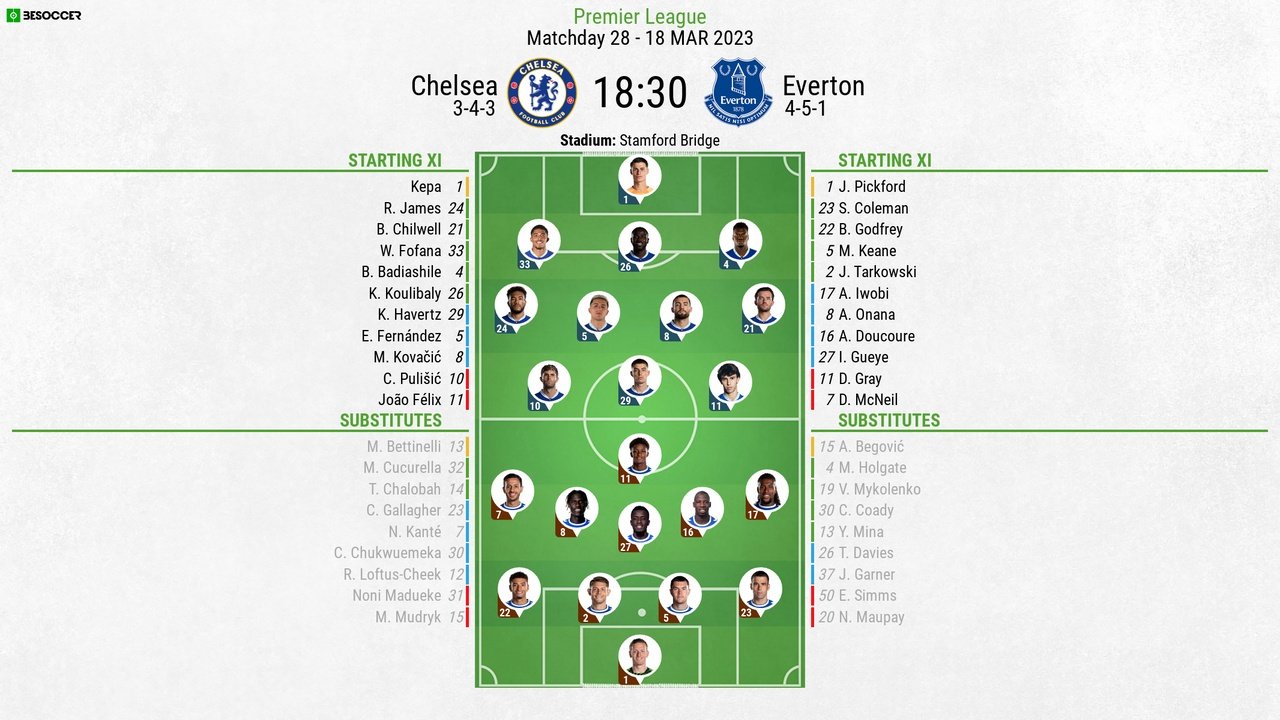 Chelsea v Everton, Premier League, matchday 28, 18/03/2023, line-ups. BeSoccer