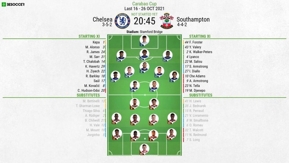 Chelsea v Southampton, Carabao Cup last 16, 26/10/2021, official line-ups. BeSoccer