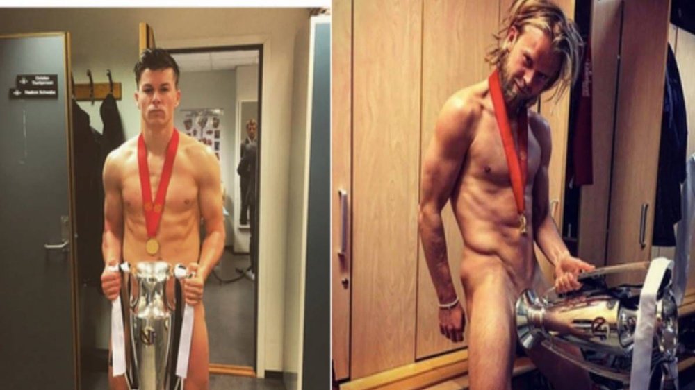 Christan Gytkjær y Pal André Helland celebran el título del Rosenborg casi desnudos. Instagram