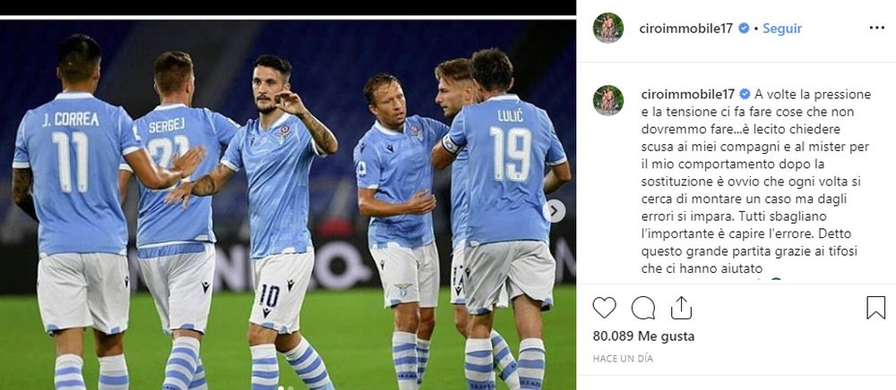 Ciro Immobile se disculpó públicamente por su mal comportamiento vs. Parma. Instagram/ciroimmobile17