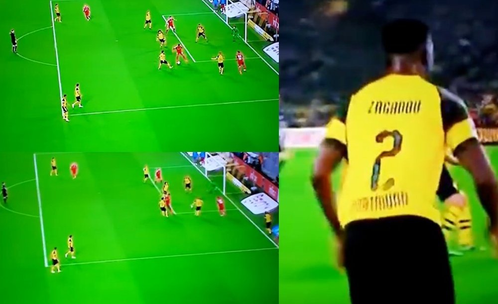 Collage con capturas del tanto de Lewandowski ante el Borussia Dortmund. Twitter/Captura/Vamos