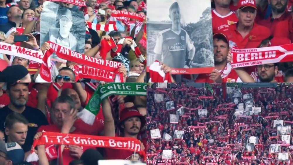 Union Berlin paid tribute to deceased fans prior to the Leipzig game. Twitter/Bundesliga_EN
