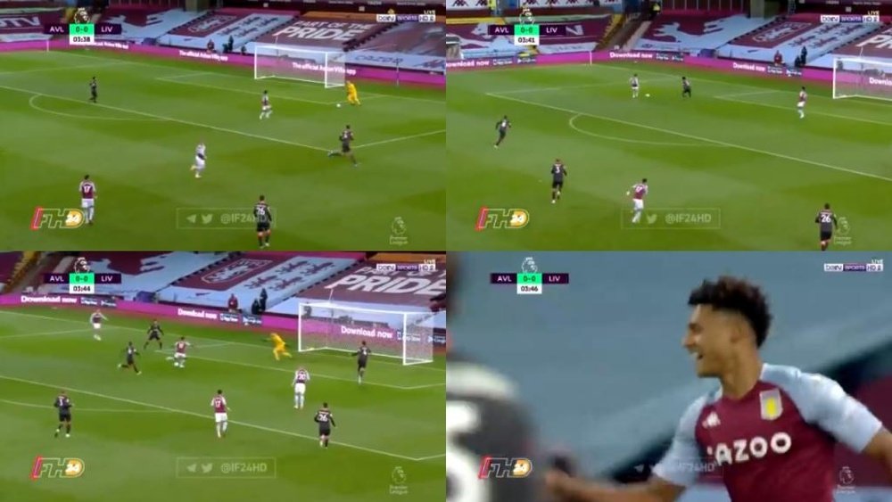 Adrián quiso sacar jugado el balón y regaló el gol al Aston Villa. Captura/beINSports