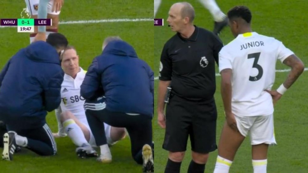 Leeds lost two players to injury in the space of three minutes. Screenshot/DAZN