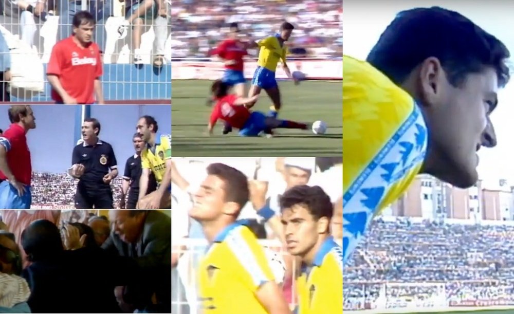 Collage con imágenes del Cádiz-Zaragoza de la última jornada de la temporada 1990-91. Captura/Canal+