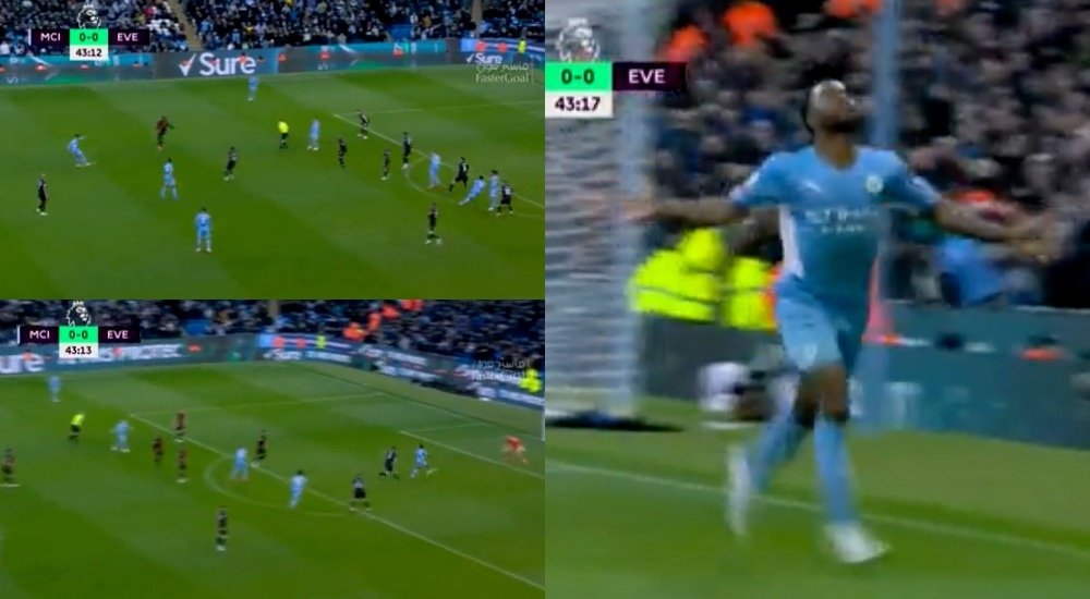 Raheem Sterling scored to give Man City a half-time lead v Everton. Screenshots/BeINSports