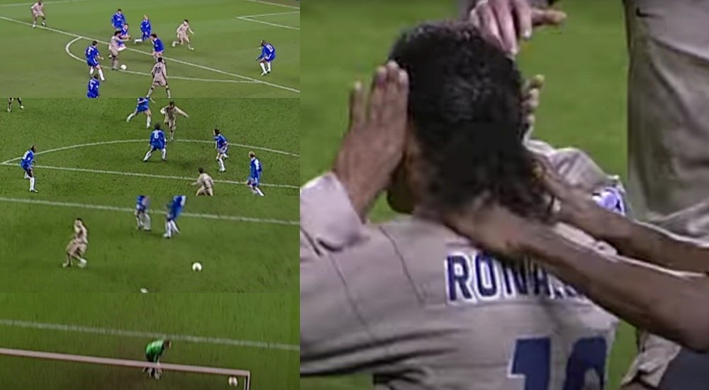 O gol marcado por Ronaldinho no Stamford Bridge contra o Chelsea completa 16 anos. Capturas/UEFA