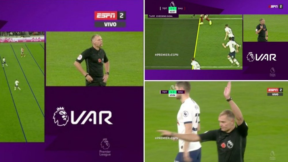 El VAR aconsejó anular un tanto al Sheffield en Londres. Capturas/ESPN2