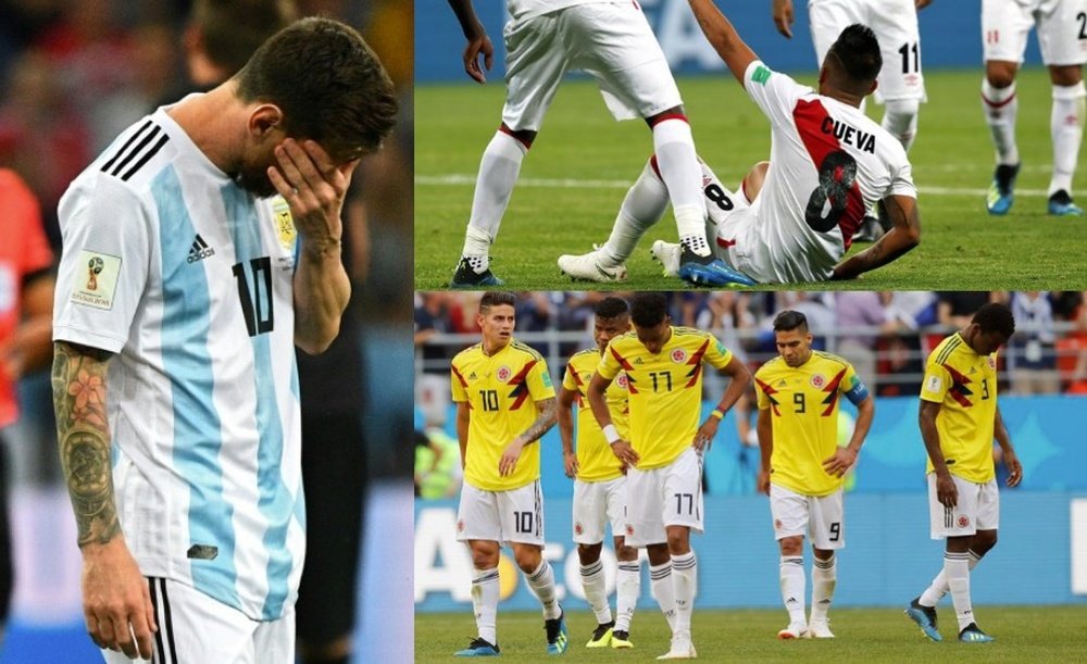 Collage con la desolación de las selecciones de Argentina, Perú y Colombia. EFE/AFP