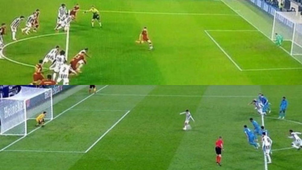 Dos penaltis casi idénticos, pero solo uno se repitió. Captura/SkySport