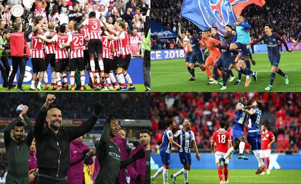 Collage con las imágenes de City, PSG y PSV, ya campeones, y con la del Oporto. EFE/AFP
