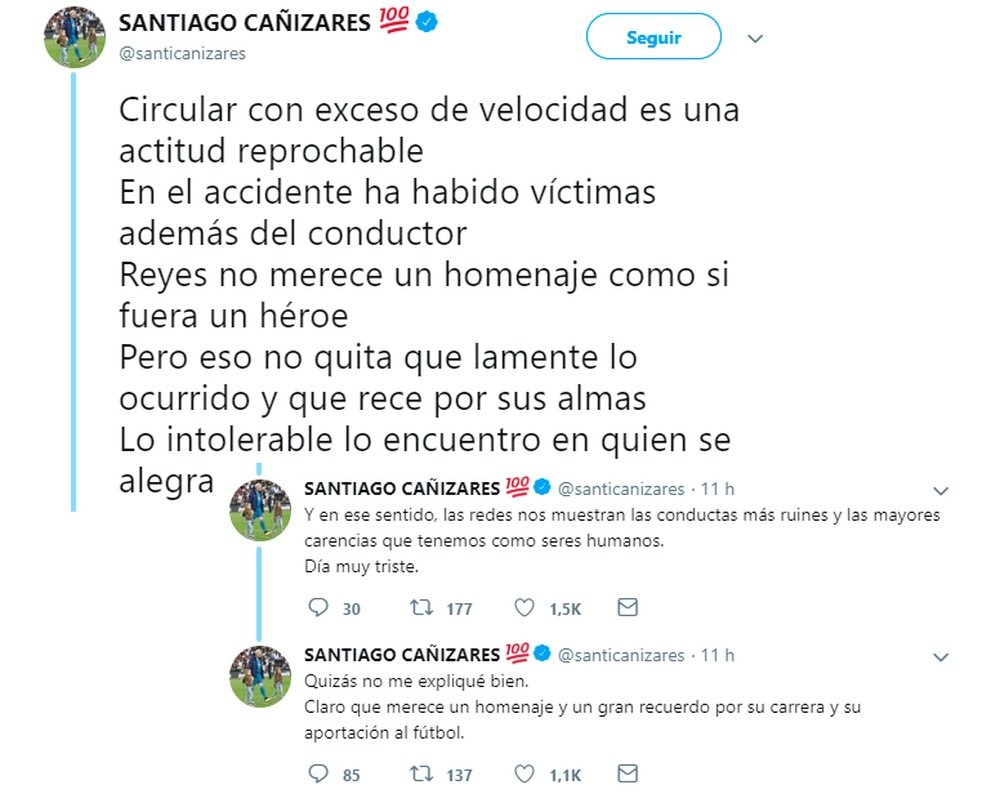 La réflexion de Cañizares sur Twitter concernant le décès de Reyes. Twitter/santicanizares