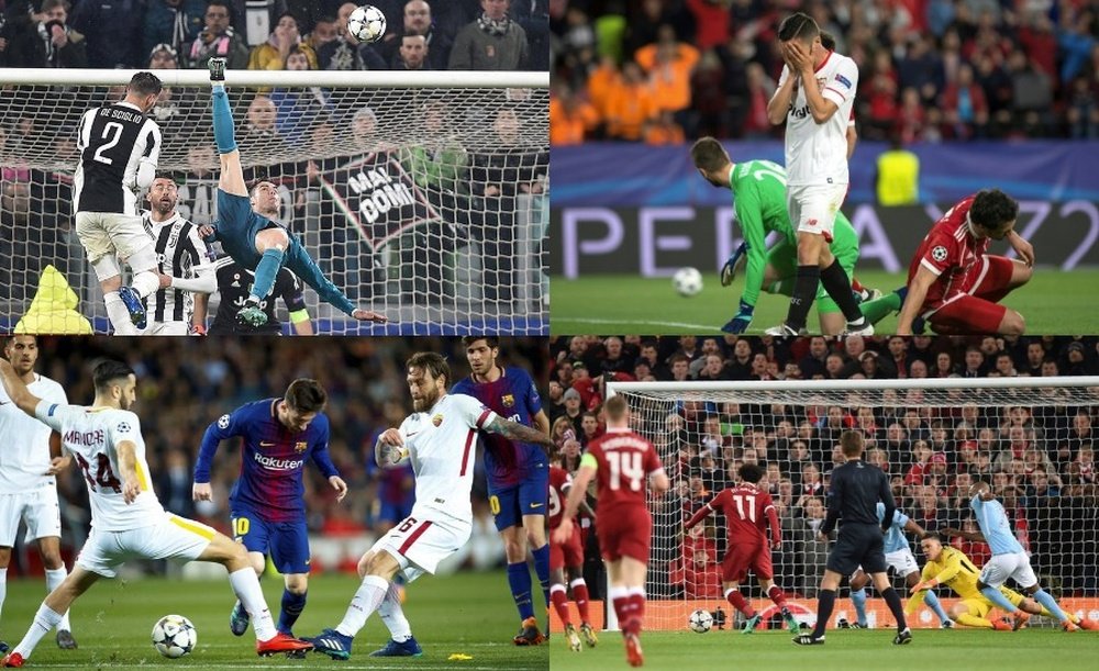 Collage con los partidos de ida de los cuartos de final de la Champions. EFE/AFP
