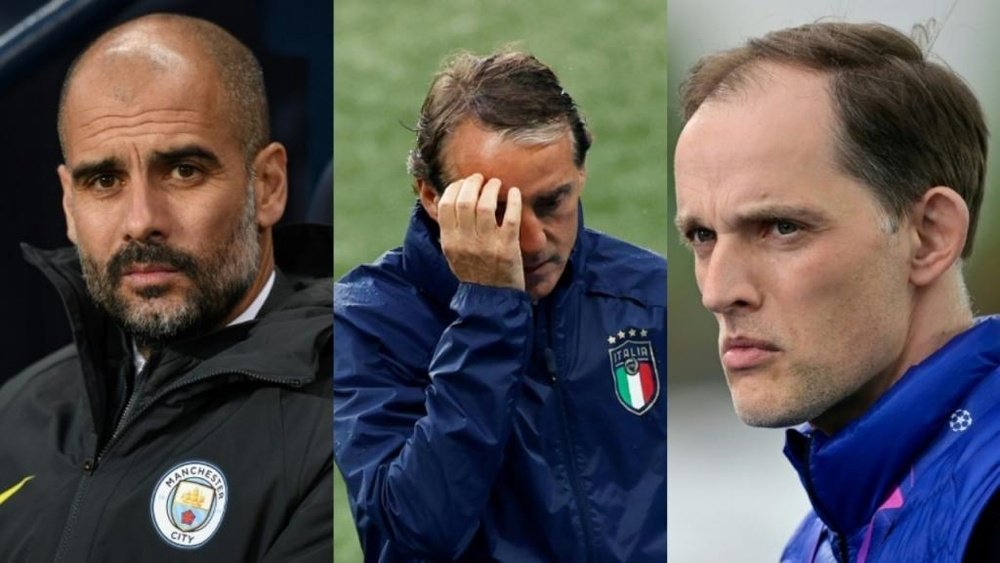Pep Guardiola, Roberto Mancini and Thomas Tuchel, the finalists. AFP