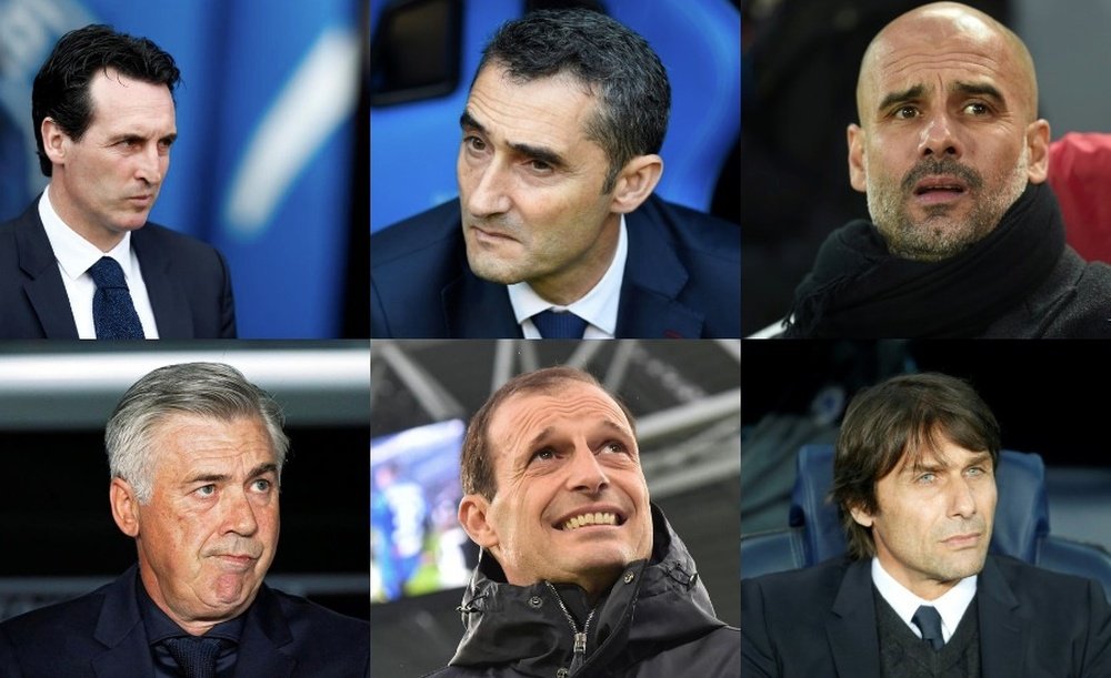 Collage con Emery, Valverde, Guardiola, Ancelotti, Allegri y Conte. EFE/AFP
