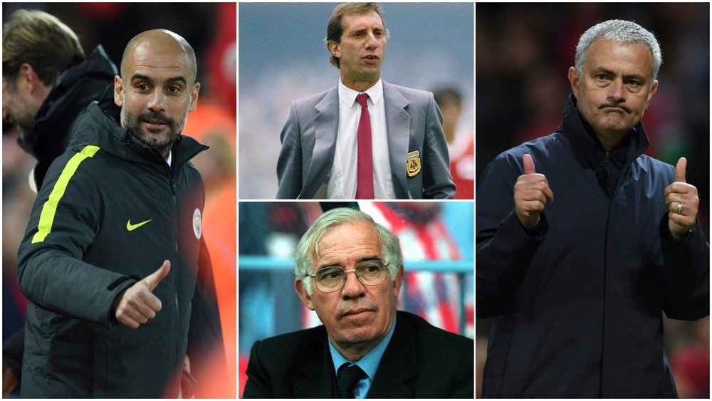Collage de cuatro de los entrenadores más polémicos de la historia del fútbol: Guardiola, Bilardo, Luis Aragonés y Mourinho. BeSoccer