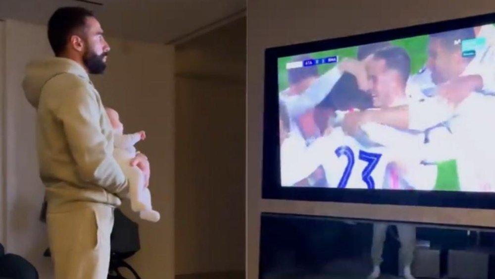 Carvajal se contuvo en el gol de Mendy al tener a su hijo en brazos. Instagram/daphnecañizares