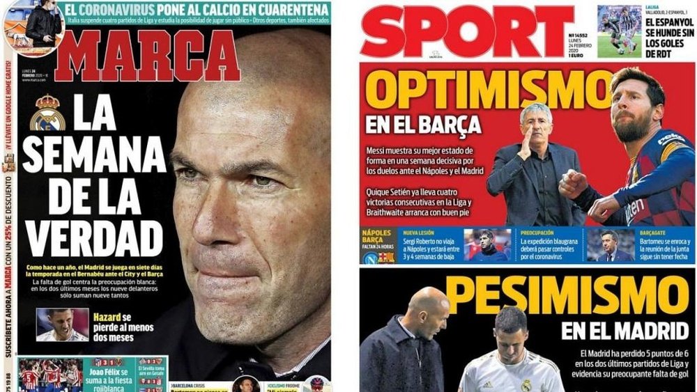 Les Unes des journaux sportifs espagnols du 24/02/2020. Marca/Sport