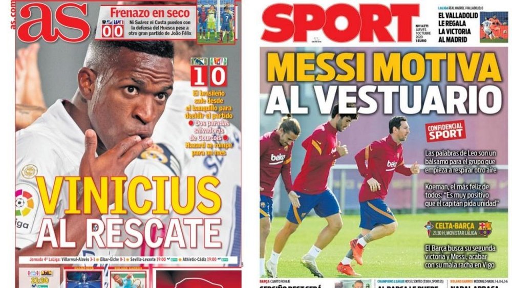 Les Unes des journaux sportifs en Espagne du 1er octobre 2020. AS/Sport