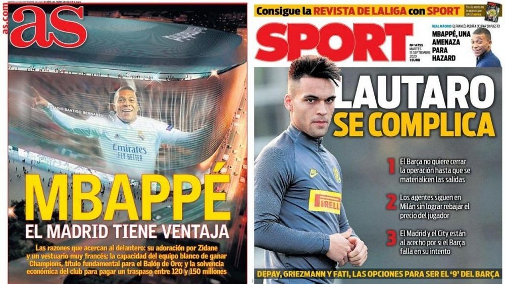 Capas dos jornais espanhóis AS e Sport nesta terça-feira. AS/Sport