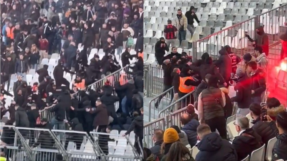 Pelea entre ultras del Girodins y del Niza. Captura/biylyana/mathisbens