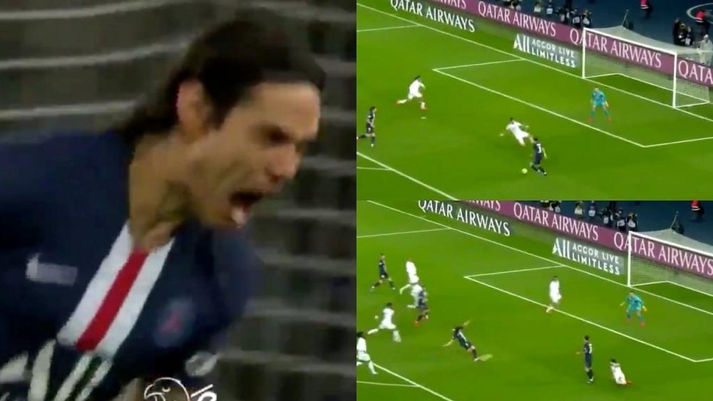 Cavani marca na goleada contra o Lyon. Captura/beINSports