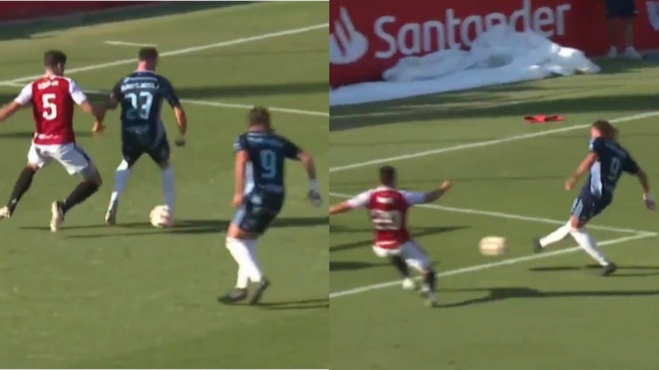 Golazo del Murcia para dar el primer golpe en Tarragona. Captura/PrimeraRFEF