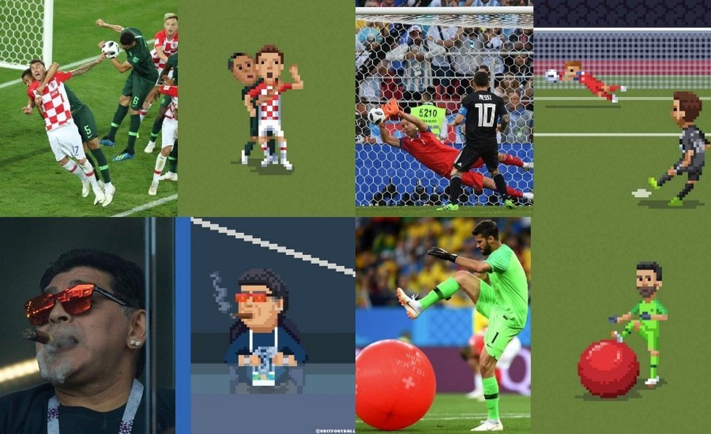 Collage de imágenes icónicas del inicio del Mundial en fotografía y 8bit. Agencias/8bitfootball