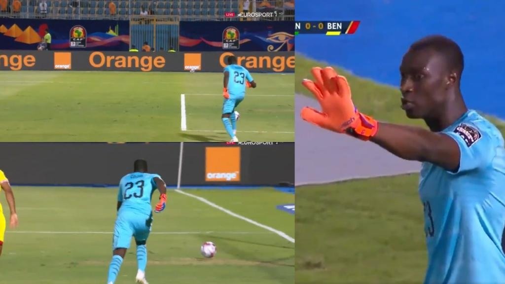 Gomis was very close to conceding a crazy own goal against Benin. Collage/EurosportUK