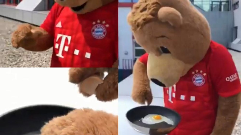 Mascote do Bayern aproveita o calor para fritar um ovo. Collage/FCBayern