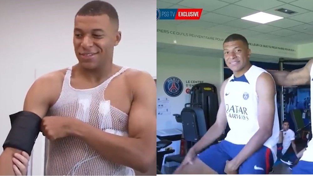 Collage da volta aos treinos de Kylian Mbappé com o PSG.Dugout