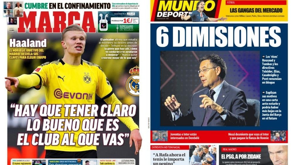 Les Unes des journaux sportifs en Espagne du 10 avril 2020. Marca/MundoDeportivo