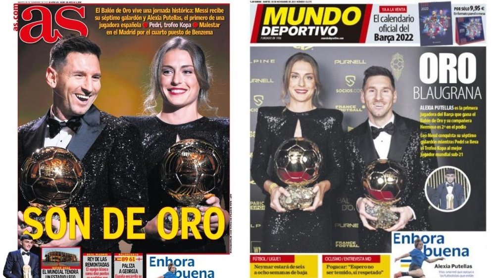 Capas da imprensa desportiva 30 de novembro de 2021. AS/Mundo Deportivo