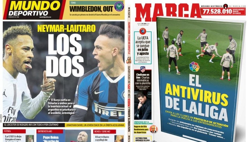 Capas dos jornais espanhóis Mundo Deportivo e de Marca.