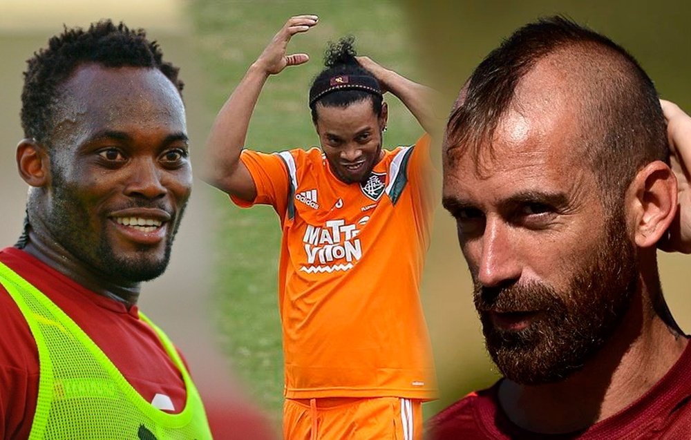 Collage de los futbolistas Michael Essien, Ronaldinho y Raúl Meireles. BeSoccer