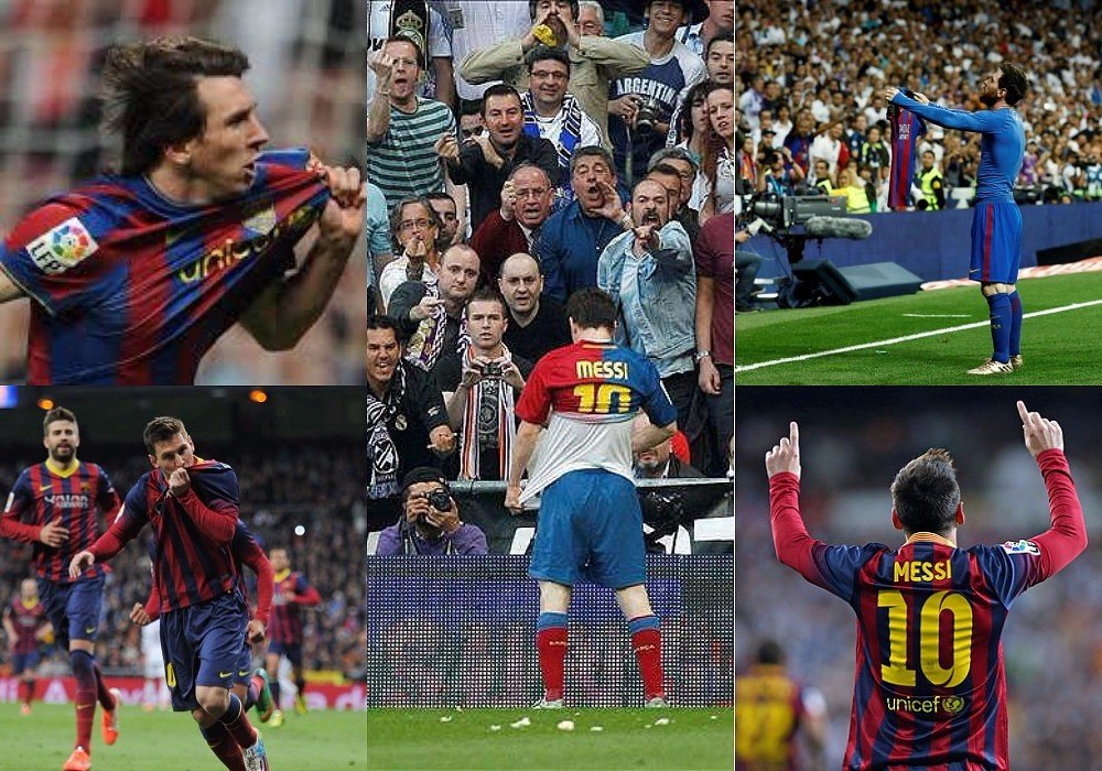 Messi celebrating his goals at the Bernabeu. BeSoccer